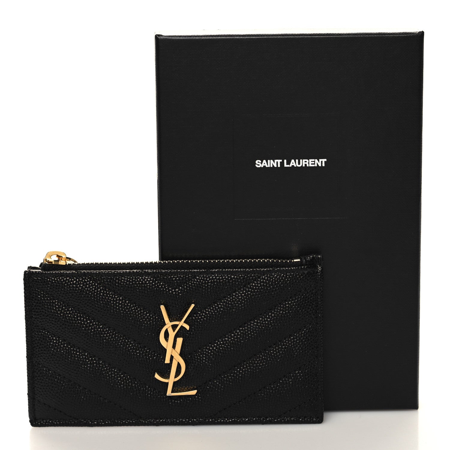 Saint Laurent Grain De Poudre Matelasse Chevron Monogram Fragments Zippered Card Case Black 9 of 9