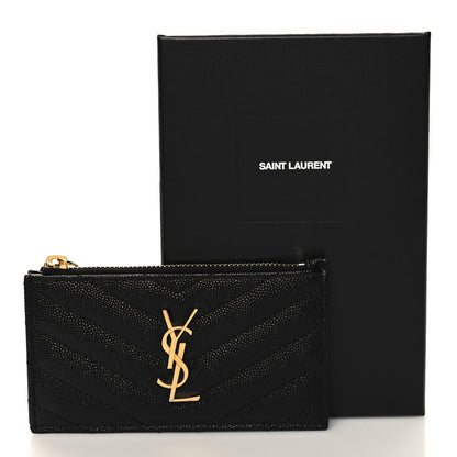 Saint Laurent Grain De Poudre Matelasse Chevron Monogram Fragments Zippered Card Case Black 9 of 9