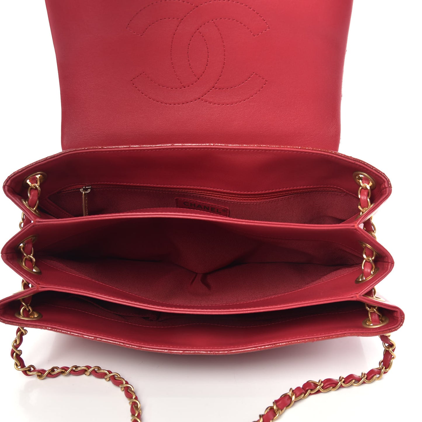 Patent Goatskin Quilted 3 Pocket Accordion Flap Red