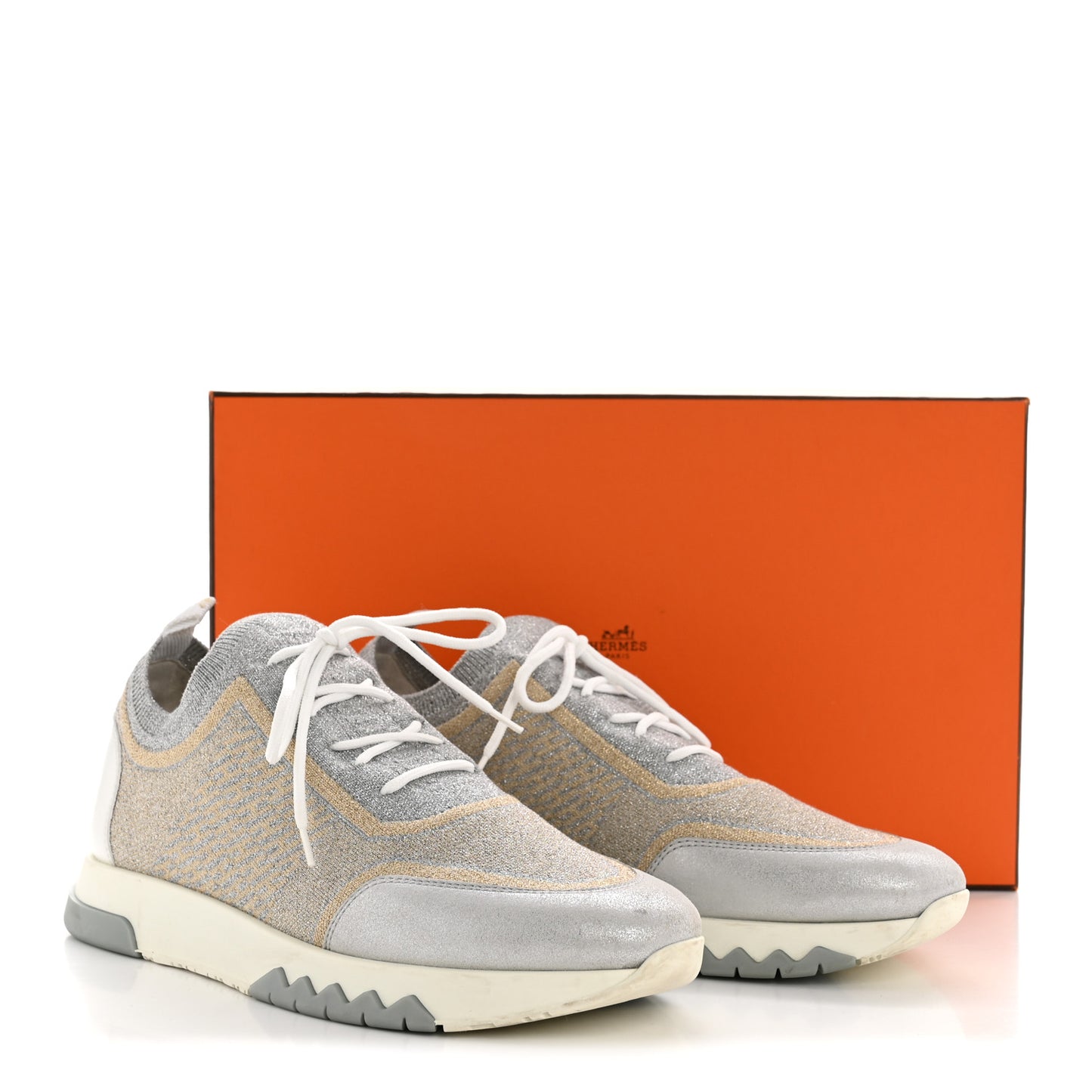 Metallic Knit Calfskin Suede Goatskin Bi-Color Womens Addict Sneakers 40 Multicolor Gris Argent