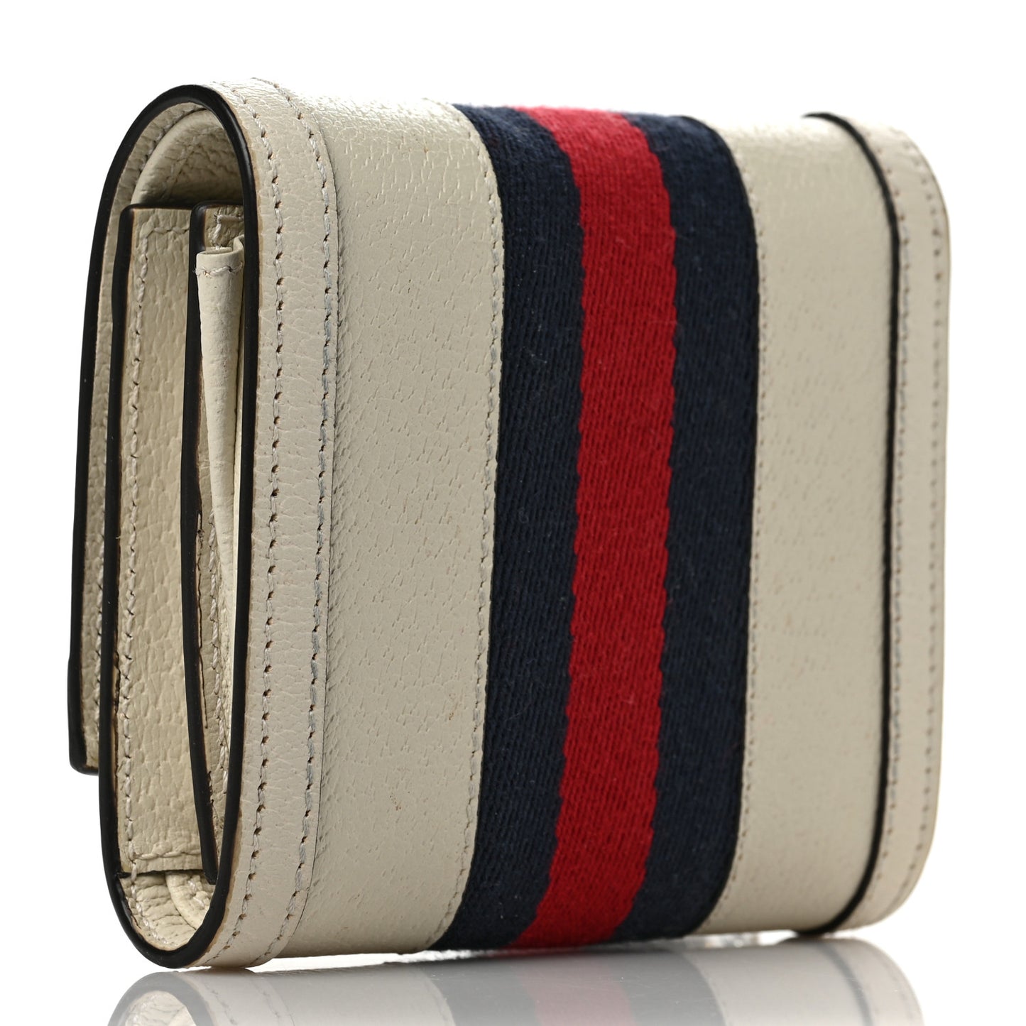 Textured Dollar Calfskin Web Ophidia Card Case Wallet Mystic White