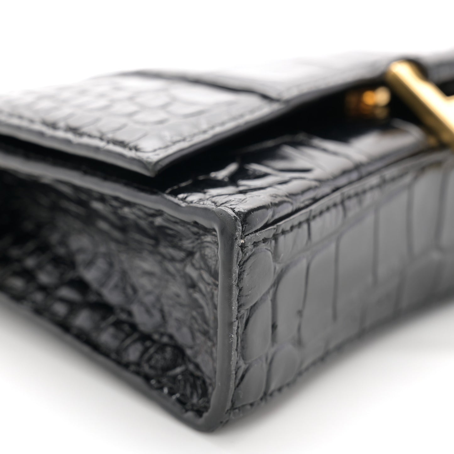 Shiny Calfskin Crocodile Embossed Hourglass Chain Bag Black