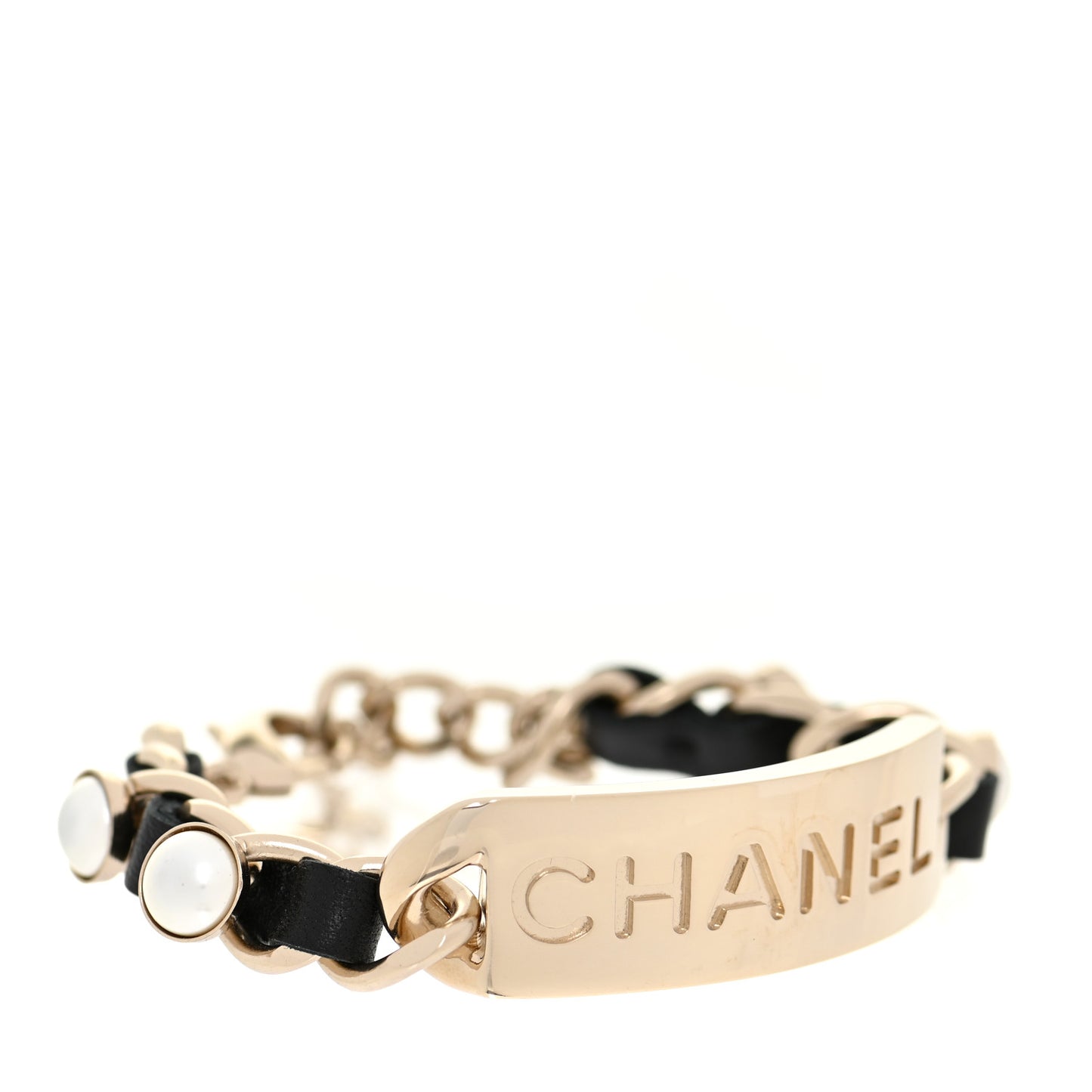 Metal Lambskin Pearl Name Plate Bracelet Black Gold