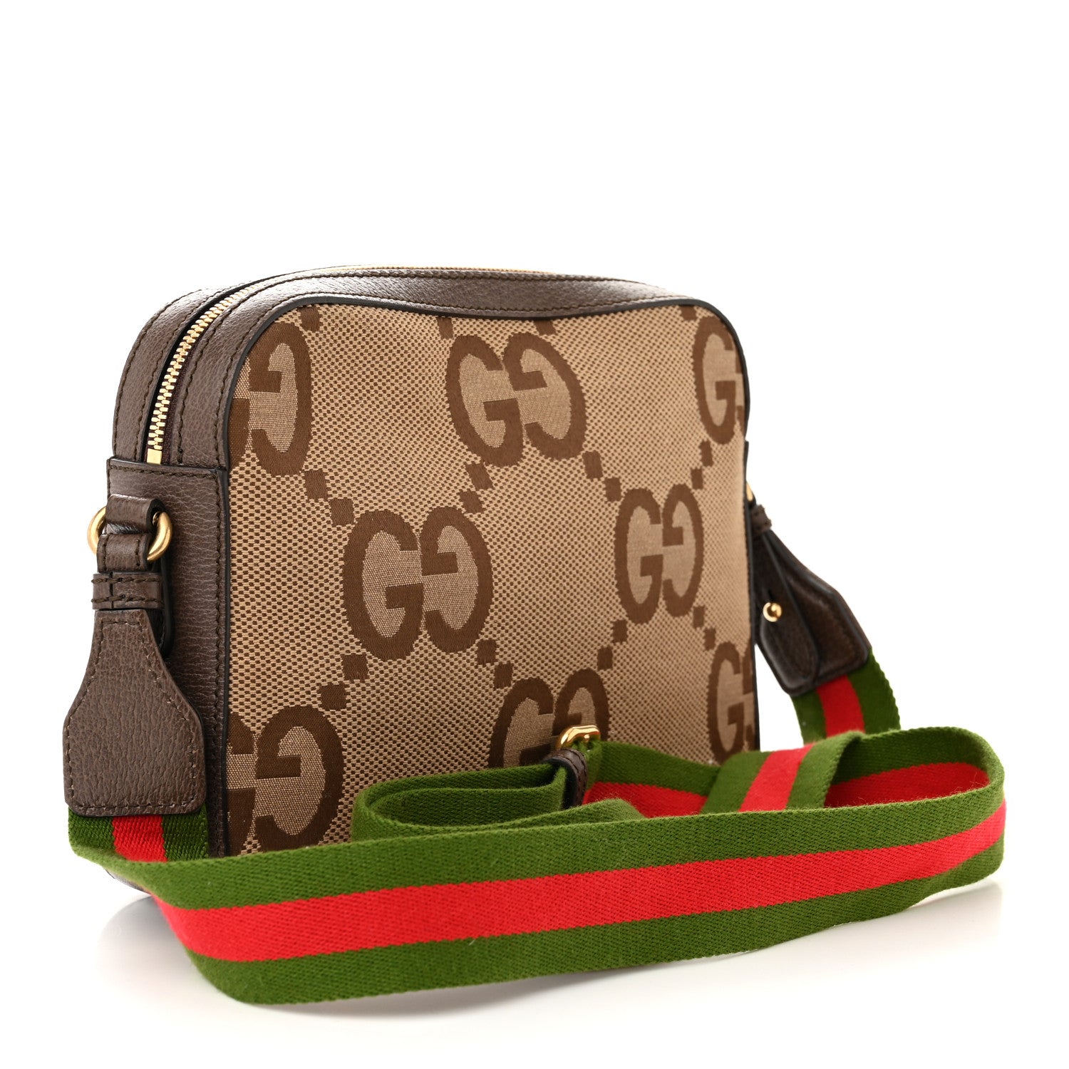 Gucci Monogram Jumbo GG Textured Dollar Calfskin Web Messenger Shoulder Bag Camel Ebony New Acero 3 of 10
