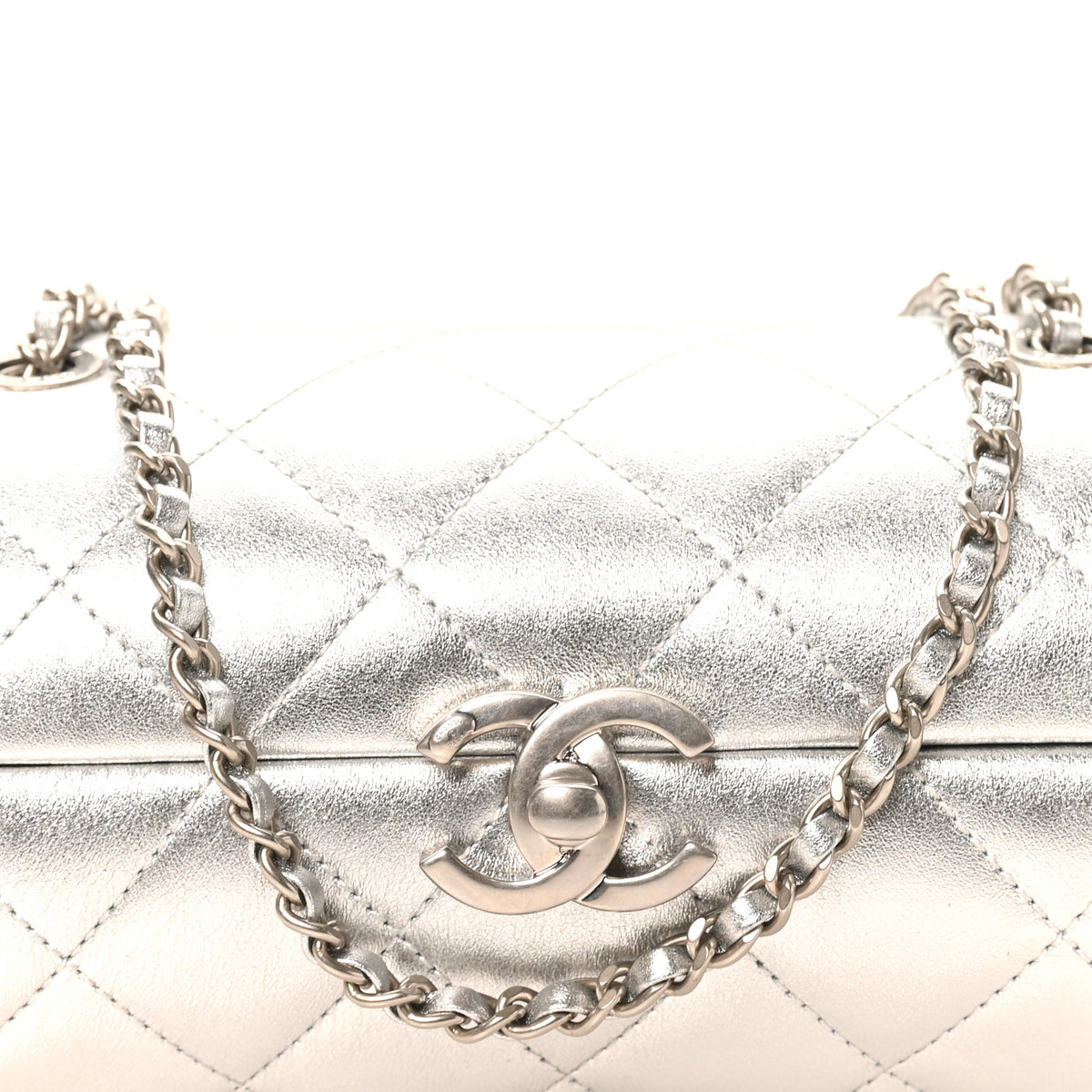Metallic Lambskin Quilted Barrel Crossbody Bag Silver