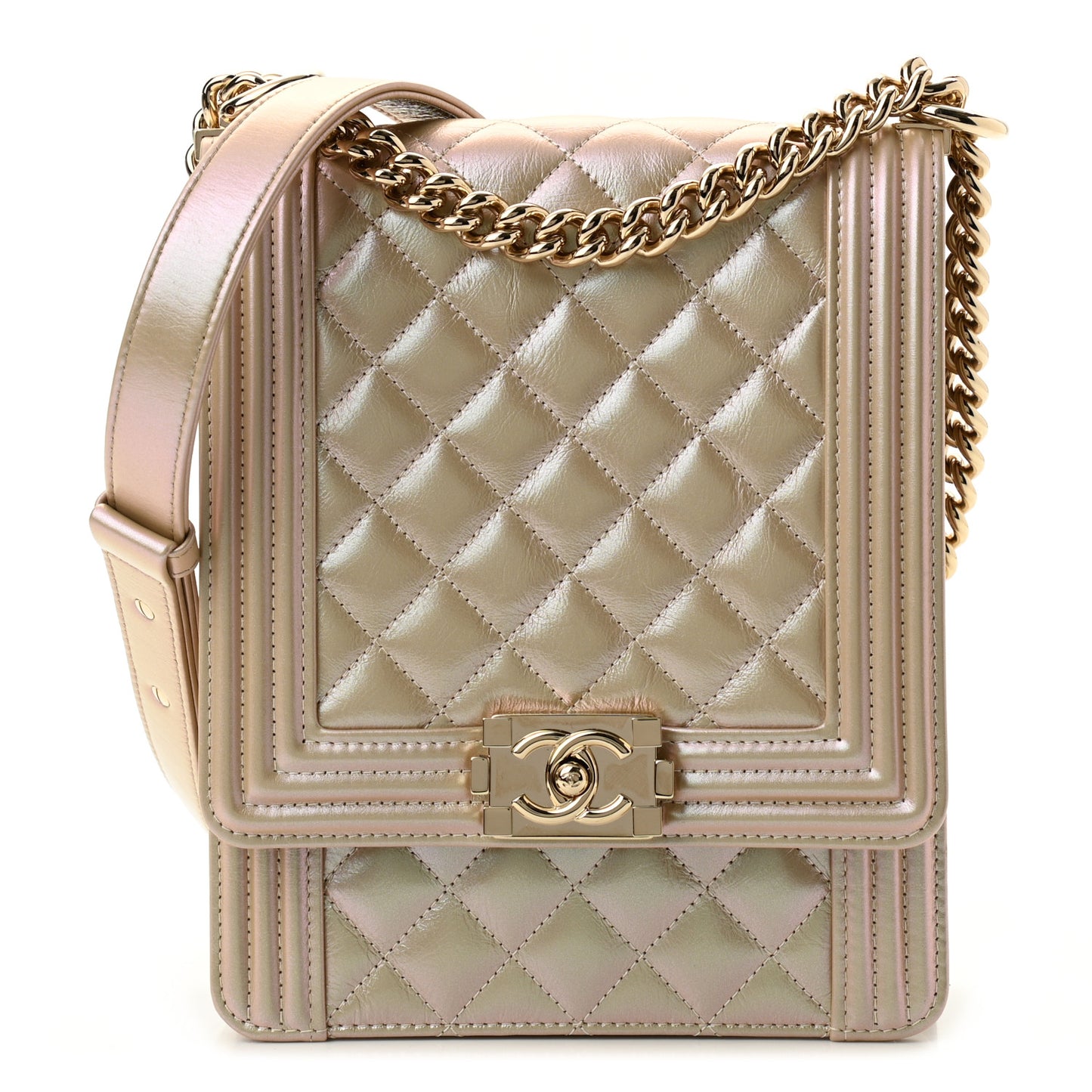 Iridescent Calfskin Quilted North South Boy Flap Beige