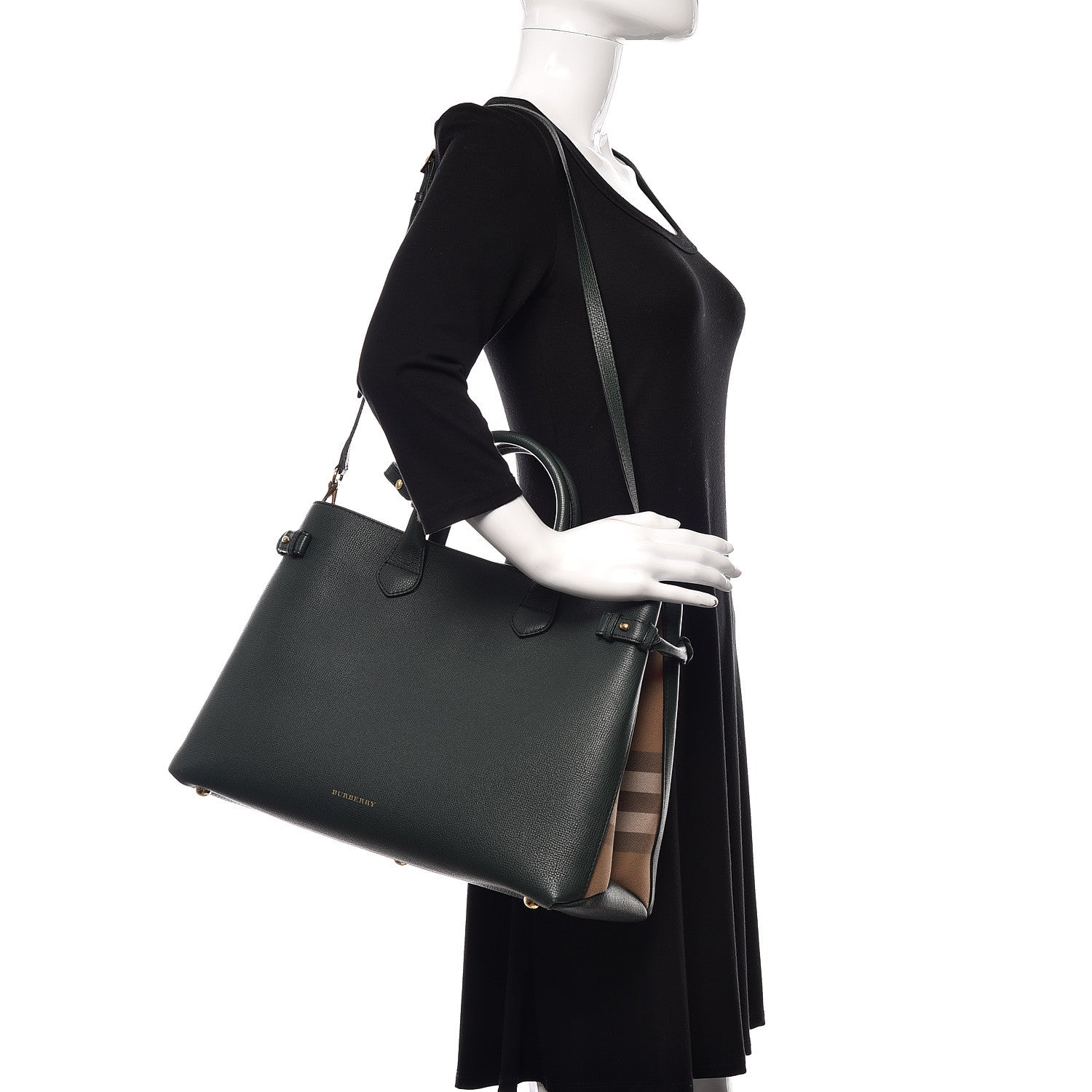 Burberry Grainy Calfskin House Check Large Banner Tote Dark Bottle Green 2 of 13