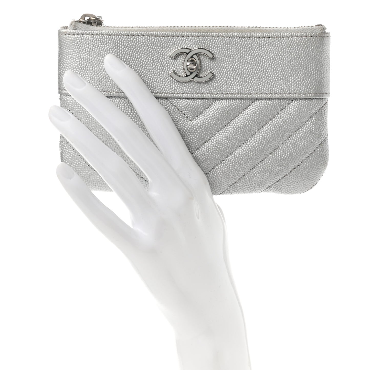 Metallic Caviar Chevron Quilted Small Vintage Mademoiselle Cosmetic Case Silver