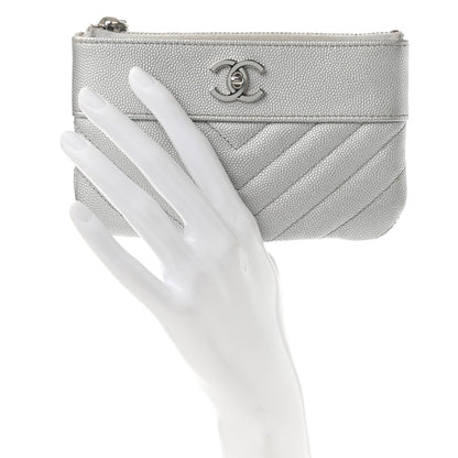 Chanel Metallic Caviar Chevron Quilted Small Vintage Mademoiselle Cosmetic Case Silver 2 of 8