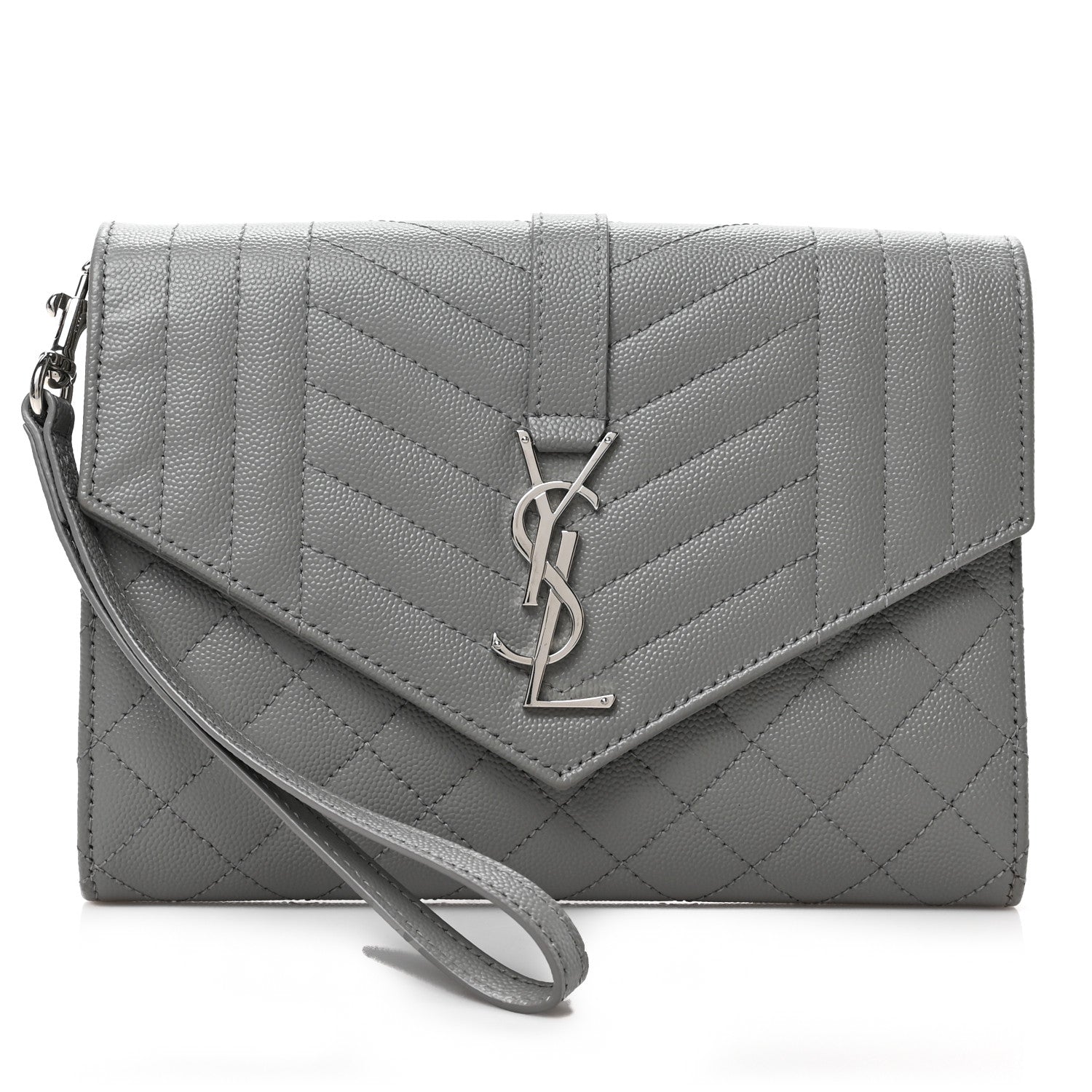 Saint Laurent Grain De Poudre Textured Mixed Matelasse Triquilt Monogram Clutch Storm 1 of 7