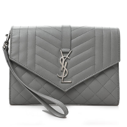 Saint Laurent Grain De Poudre Textured Mixed Matelasse Triquilt Monogram Clutch Storm 1 of 7