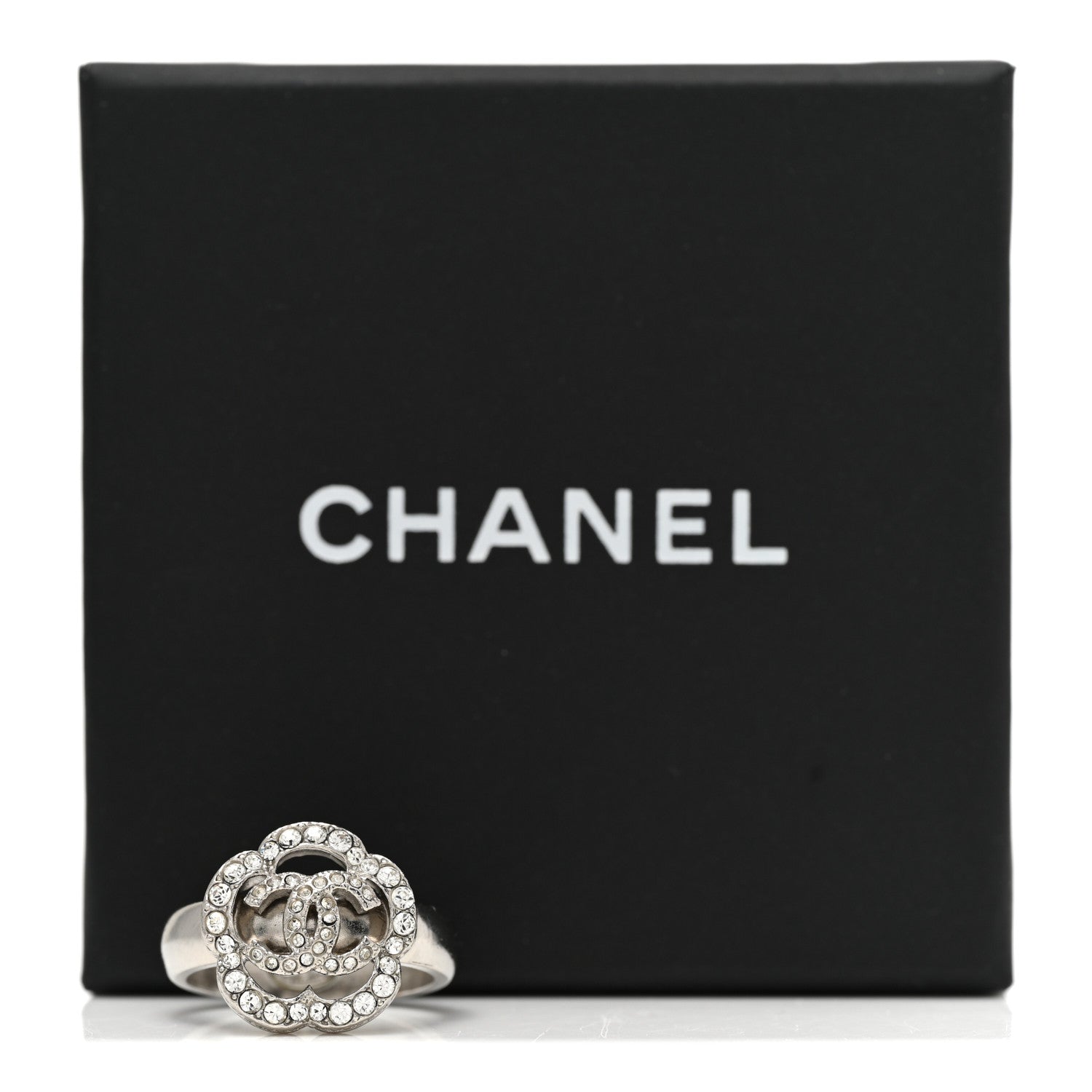 Chanel Crystal Coco Flapper Camellia CC Ring 52/6 Silver 6 of 6