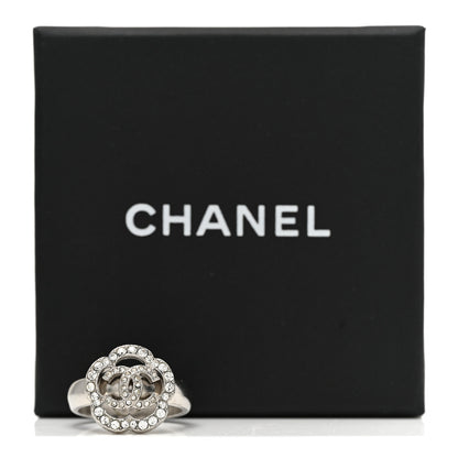 Chanel Crystal Coco Flapper Camellia CC Ring 52/6 Silver 6 of 6