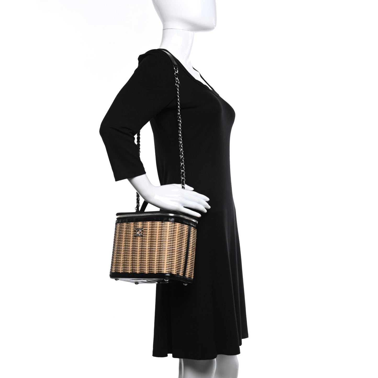 Glazed Calfskin Raffia Vanity Case Bag Black Beige