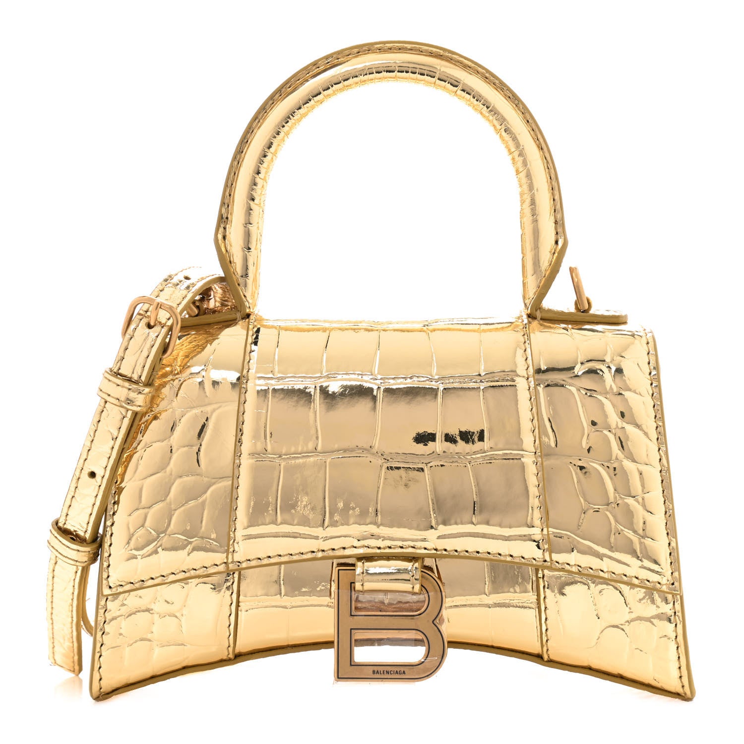Balenciaga Metallic Calfskin Crocodile Embossed Hourglass Top Handle Bag XS Gold 1 of 10