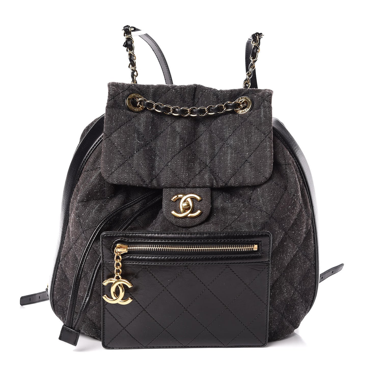 Denim Calfskin Quilted Backpack Dark Grey Black