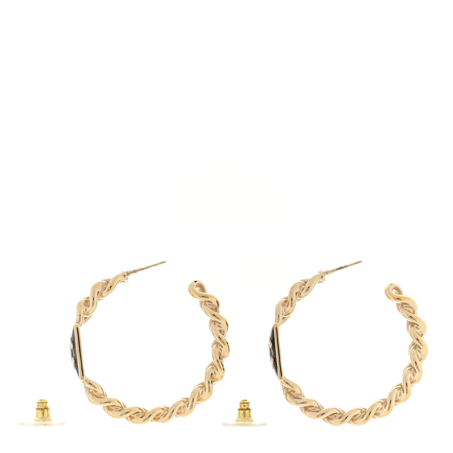 Metal Enamel CC Square Chain Hoop Earrings Gold Black