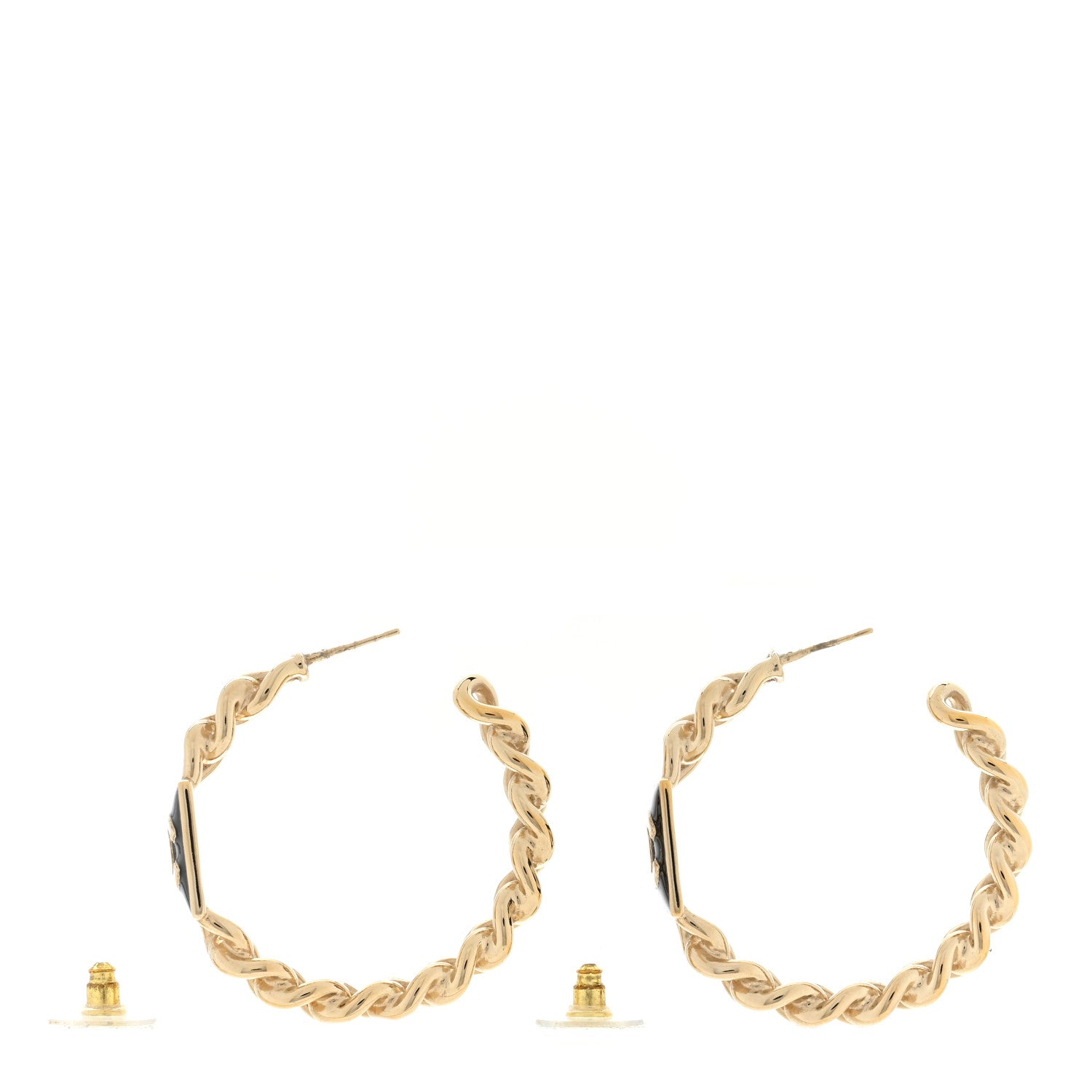 Chanel Metal Enamel CC Square Chain Hoop Earrings Gold Black 4 of 5