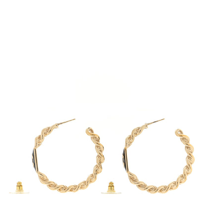 Chanel Metal Enamel CC Square Chain Hoop Earrings Gold Black 4 of 5