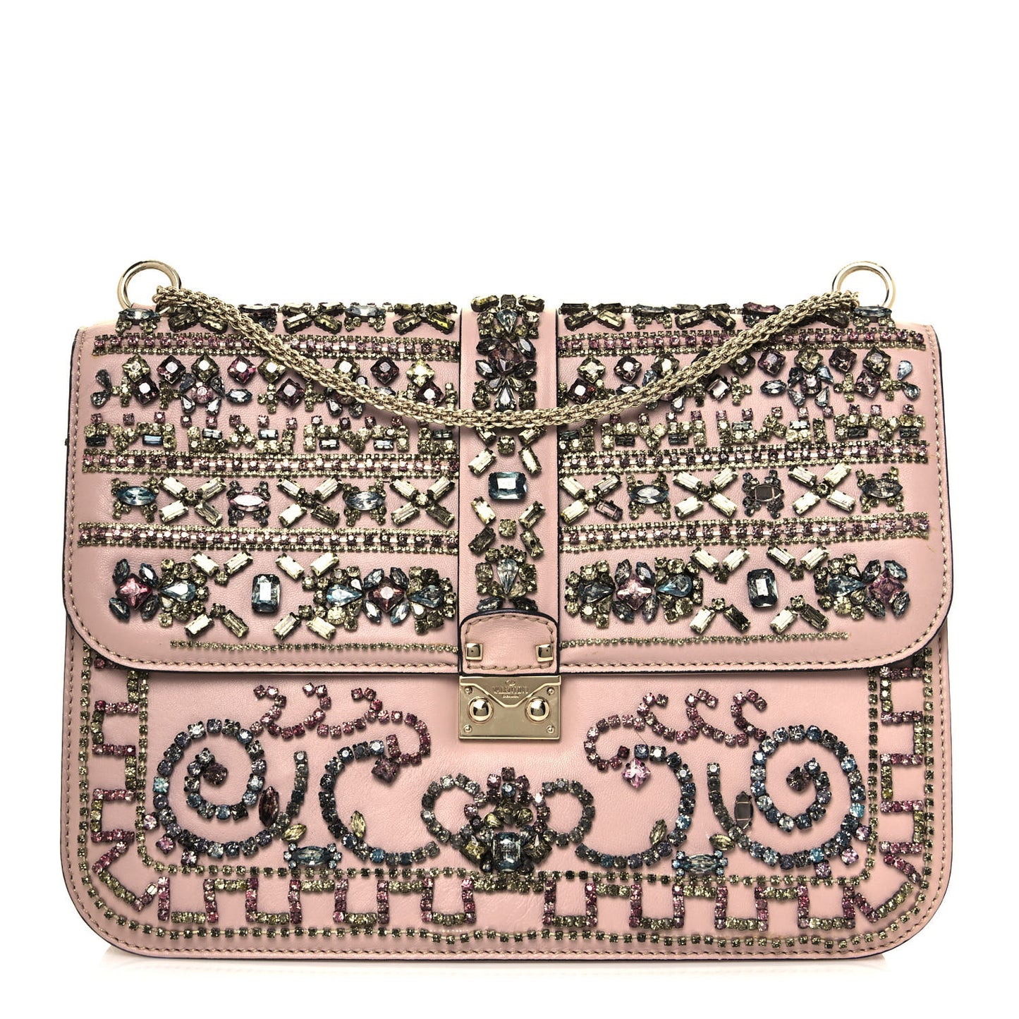 Vitello Crystal Embellished Medium Glam Lock Rockstud Flap Poudre