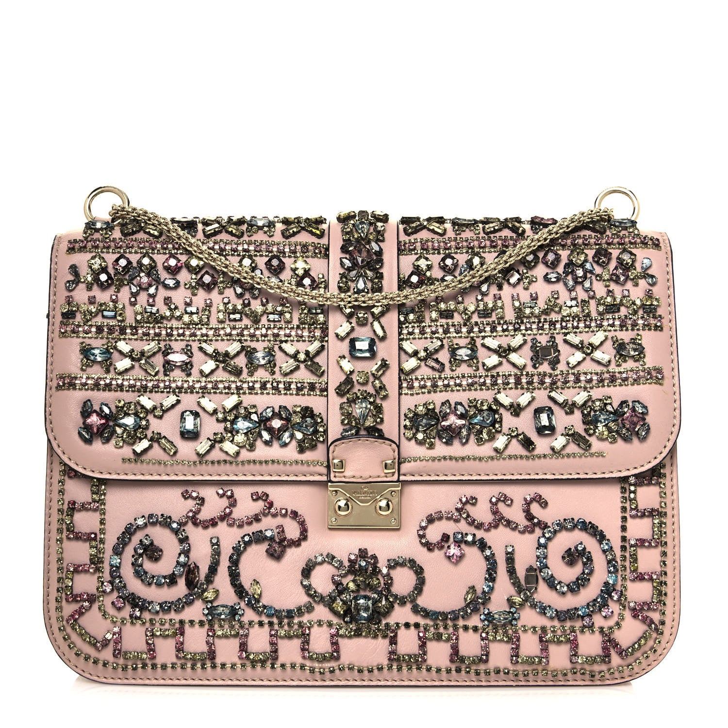 Valentino Garavani Vitello Crystal Embellished Medium Glam Lock Rockstud Flap Poudre 1 of 18