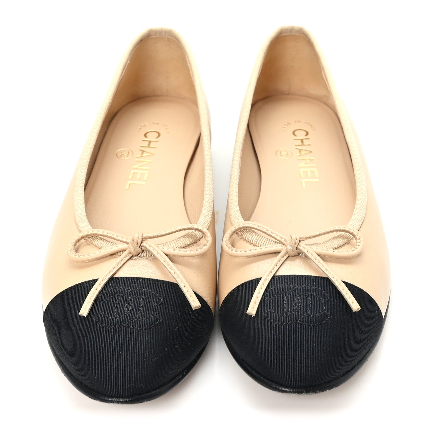 Chanel Lambskin Grosgrain Cap Toe CC Ballerina Flats 36 Beige Black 3 of 9