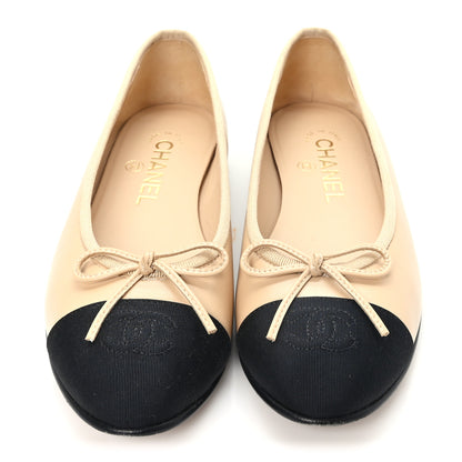 Chanel Lambskin Grosgrain Cap Toe CC Ballerina Flats 36 Beige Black 3 of 9