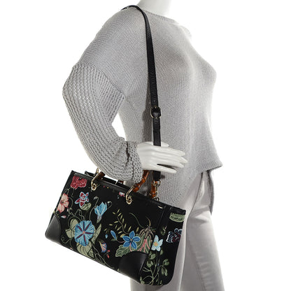 Gucci Canvas Cellarius Calfskin Flora Knight Medium Bamboo Shopper Tote Black 2 of 9