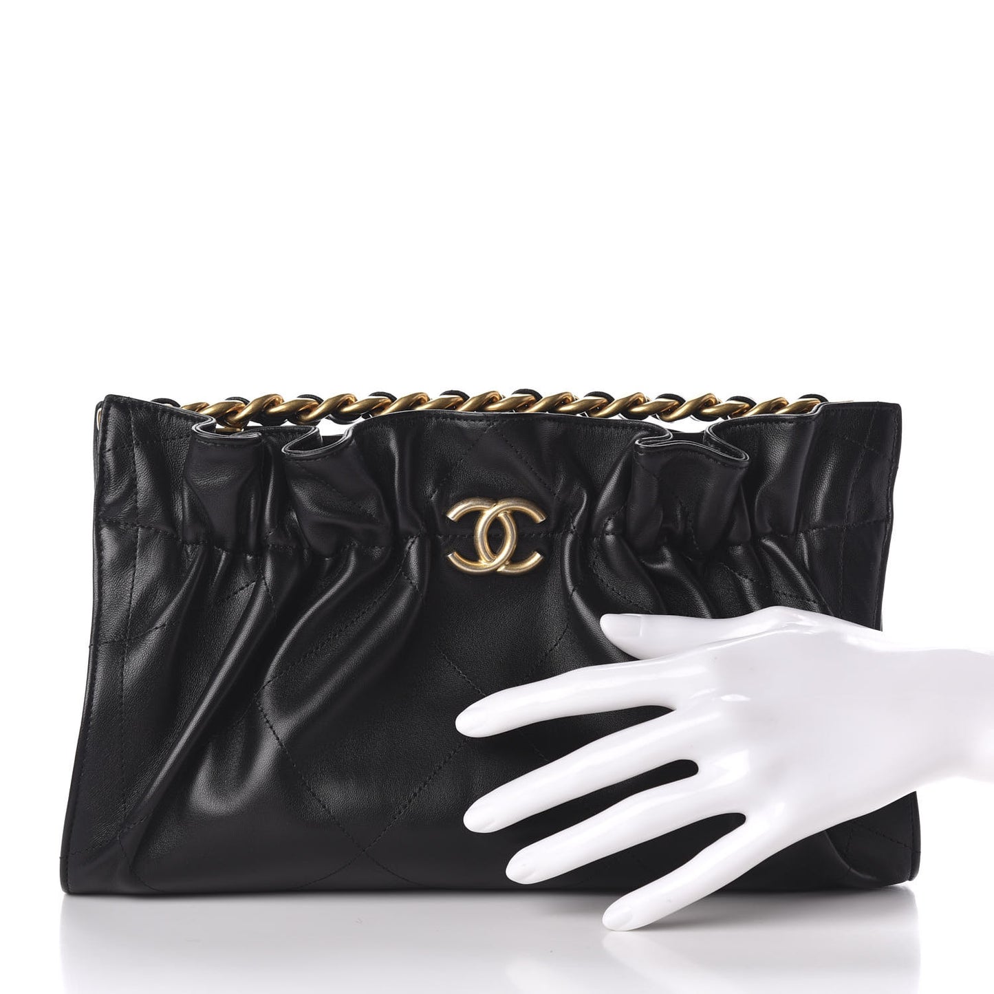 Lambskin Chain Kiss Lock Clutch Black