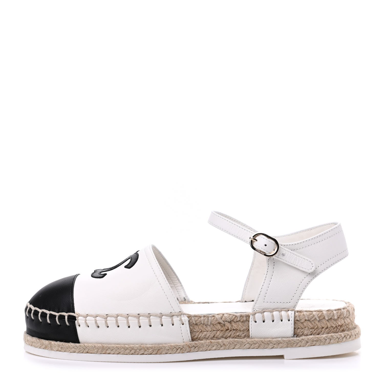 Chanel Lambskin Cap Toe CC Espadrille Sandals 35 Black White 1 of 10