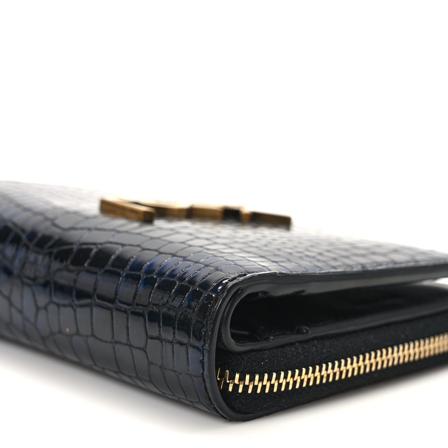 Saint Laurent Calfskin Crocodile Embossed Monogram Compact Wallet Blue Black 9 of 10