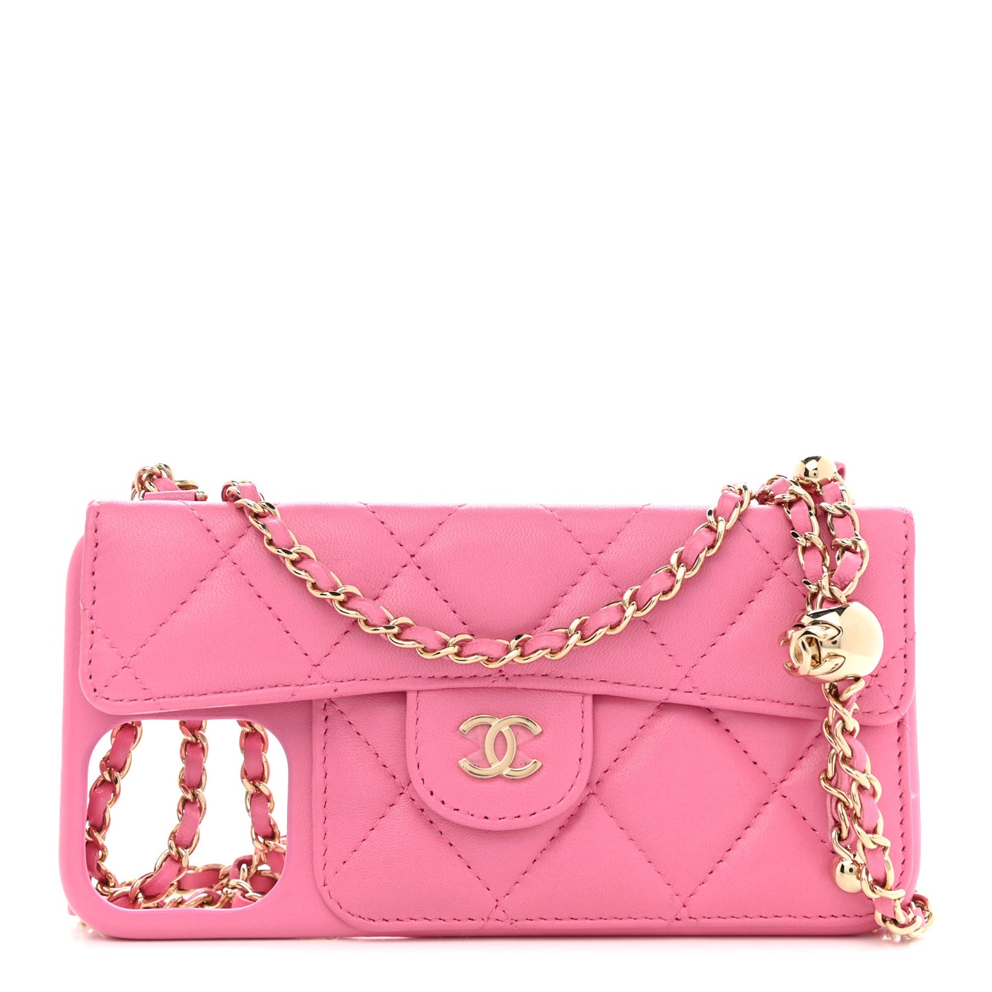 Lambskin Quilted Pearl Crush iPhone XII Pro Holder With Chain Pink
