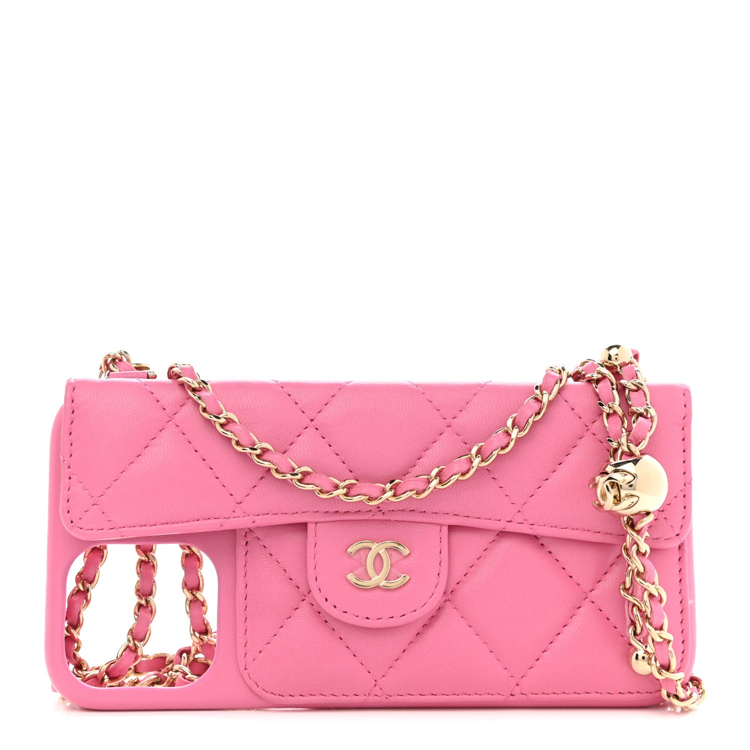 Chanel Lambskin Quilted Pearl Crush iPhone XII Pro Holder With Chain Pink 1 of 6