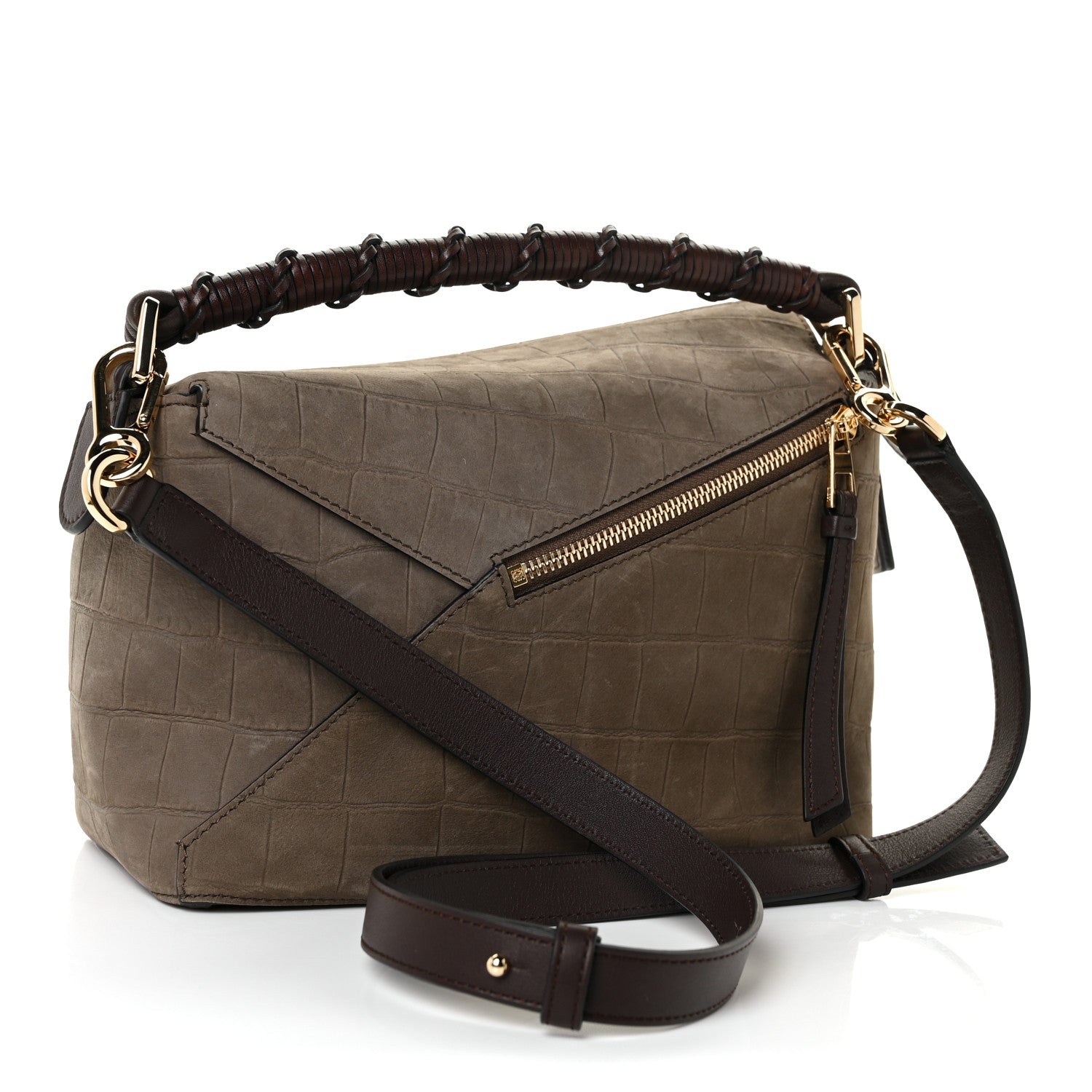 Loewe Nubuck Crocodile Embossed Small Puzzle Bag Olive 3 of 9