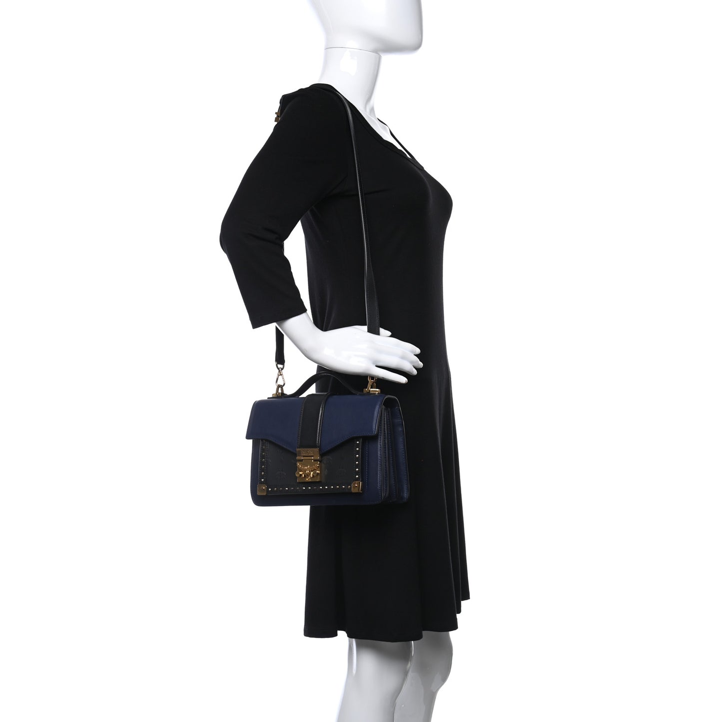 Calfskin Coated Canvas Studded Small Marien Satchel Maritime Blue