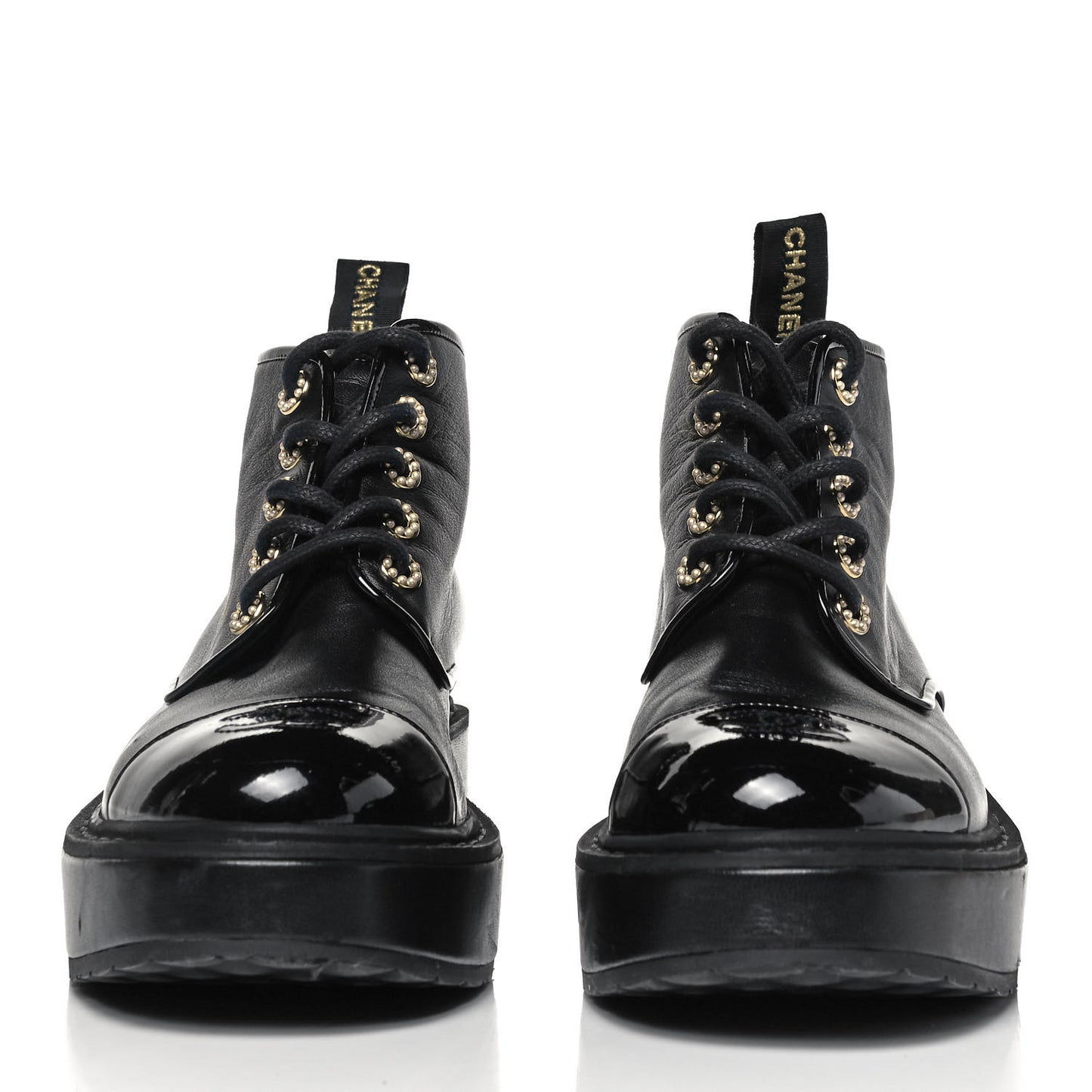 Shiny Calfskin Pearl Lace Up Combat Short Boots 38.5 Black