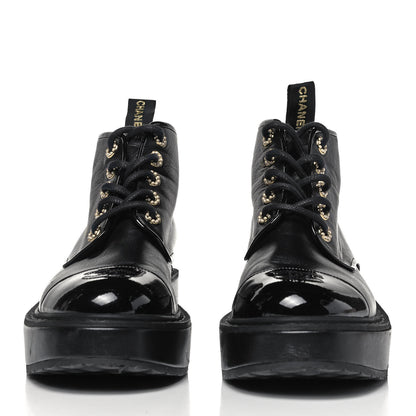 Chanel Shiny Calfskin Pearl Lace Up Combat Short Boots 38.5 Black 2 of 8