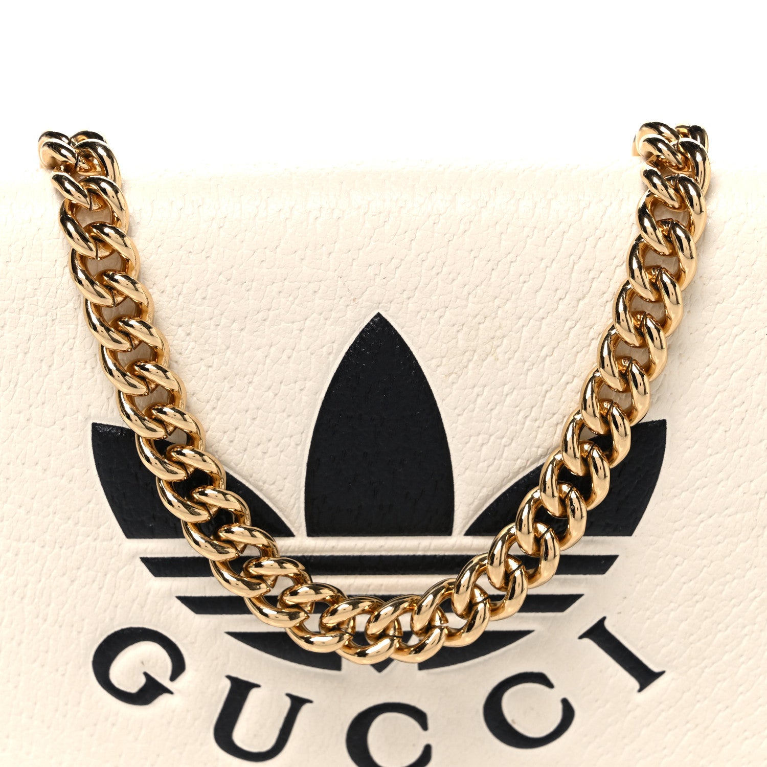 Gucci X ADIDAS Textured Dollar Calfskin Trefoil Embossed Wallet On Chain Off White Black 8 of 10