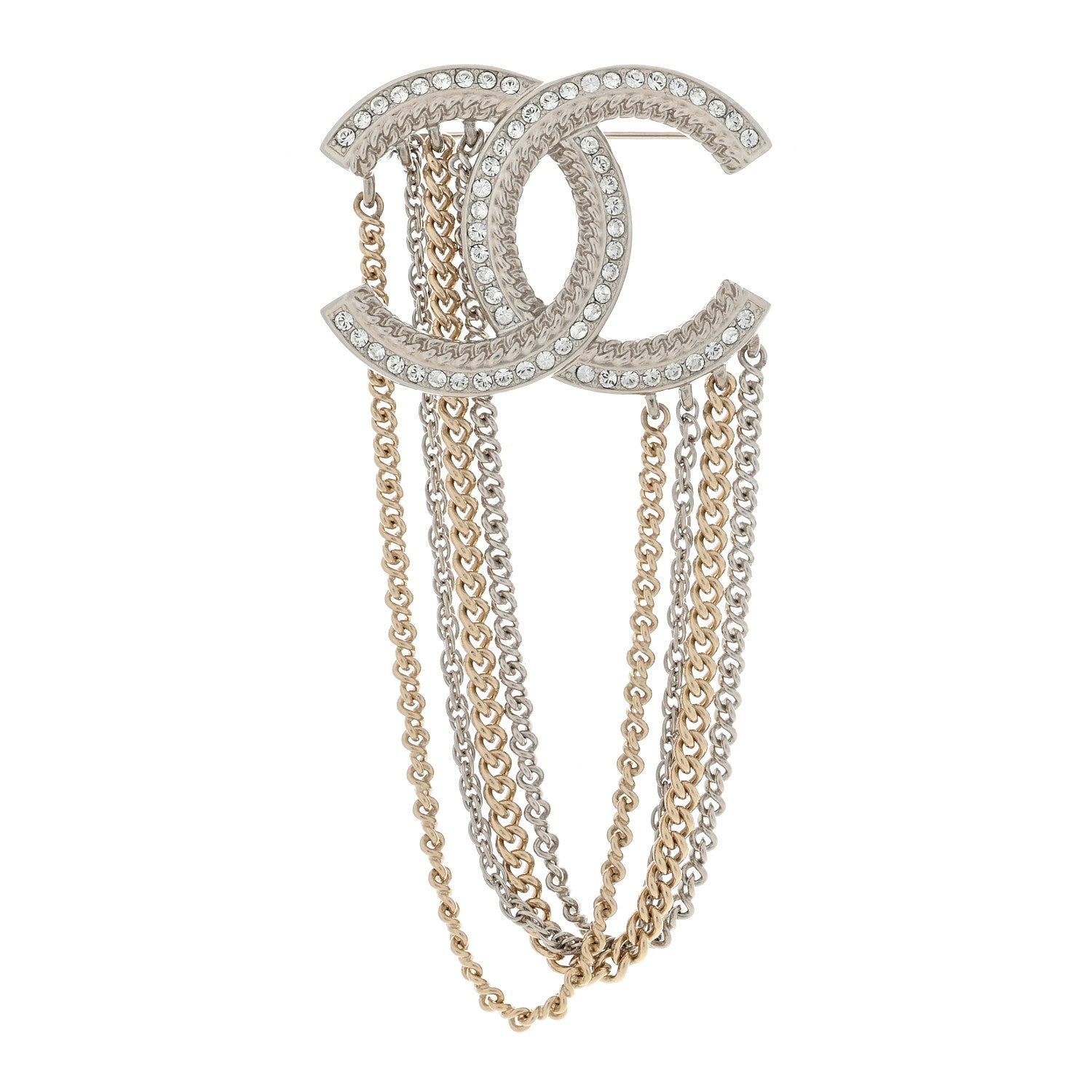 Chanel Crystal Multi Strand Chain CC Brooch Silver Gold 1 of 4