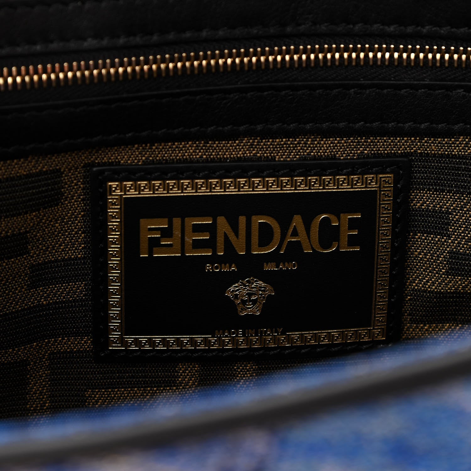 Versace X FENDI Fabric Calfskin Medusa Denim Patchwork Print Baguette Blue Black Gold 8 of 9