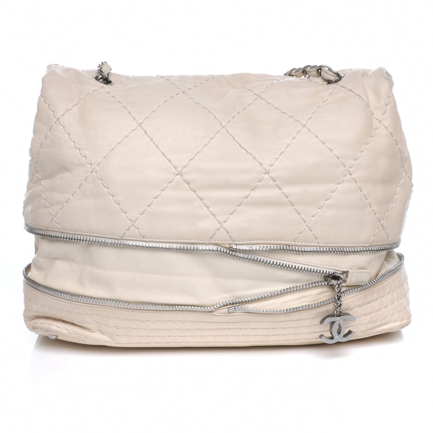 Calfskin Stitched Large Expandable Flap Bag White