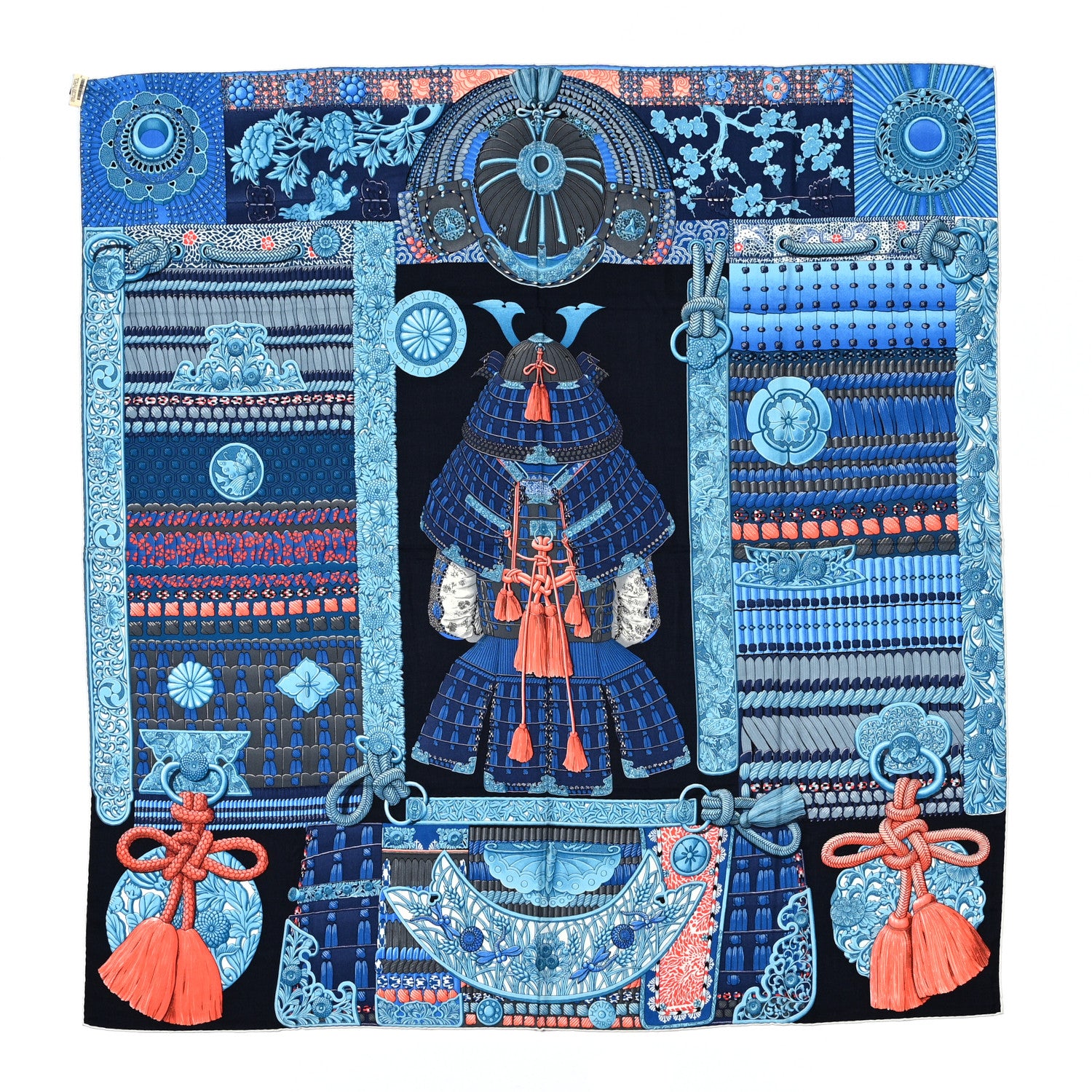Hermes Cashmere Silk Parures De Samourais Shawl 140 Caban Bleu Ciel Saumon 1 of 4