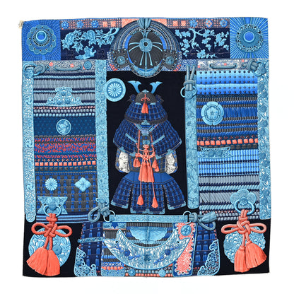 Hermes Cashmere Silk Parures De Samourais Shawl 140 Caban Bleu Ciel Saumon 1 of 4