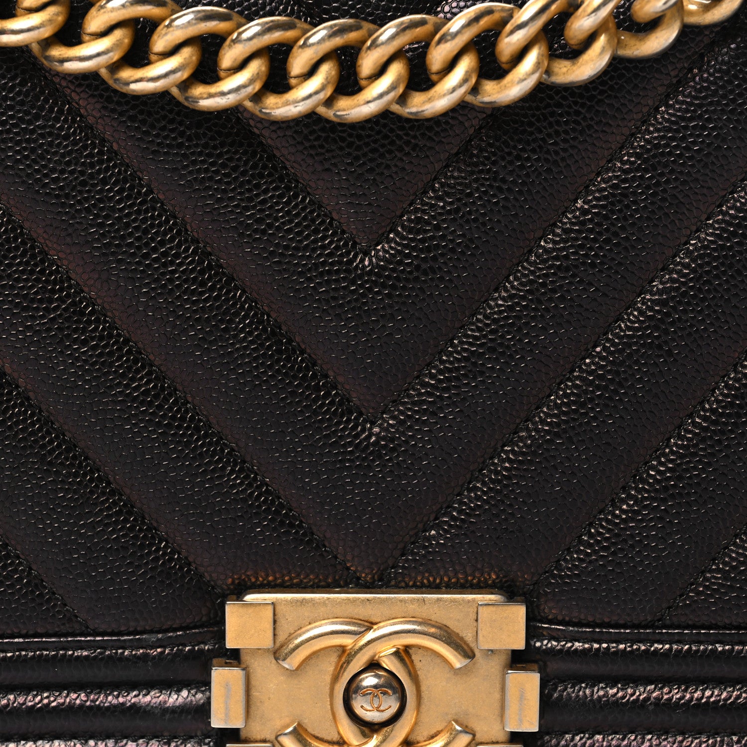 Chanel Metallic Caviar Chevron Quilted Medium Boy Flap Black 8 of 12