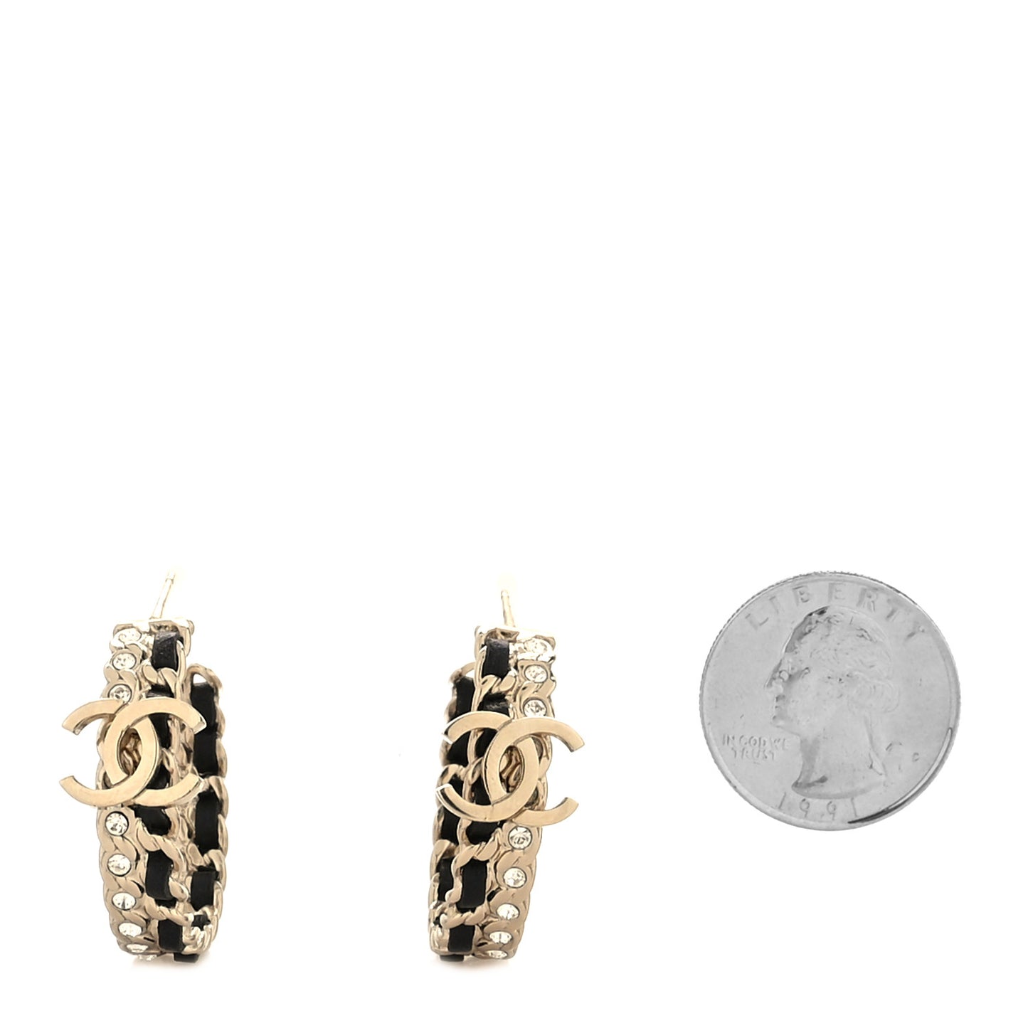 Crystal Lambskin CC Chain Hoop Earrings Gold Black