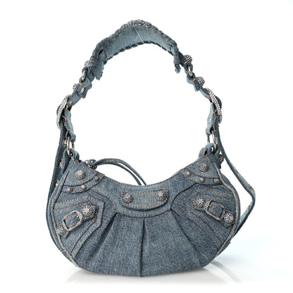 Balenciaga Washed Frayed Denim Crystal Le Cagole Shoulder Bag XS Blue 1 of 11