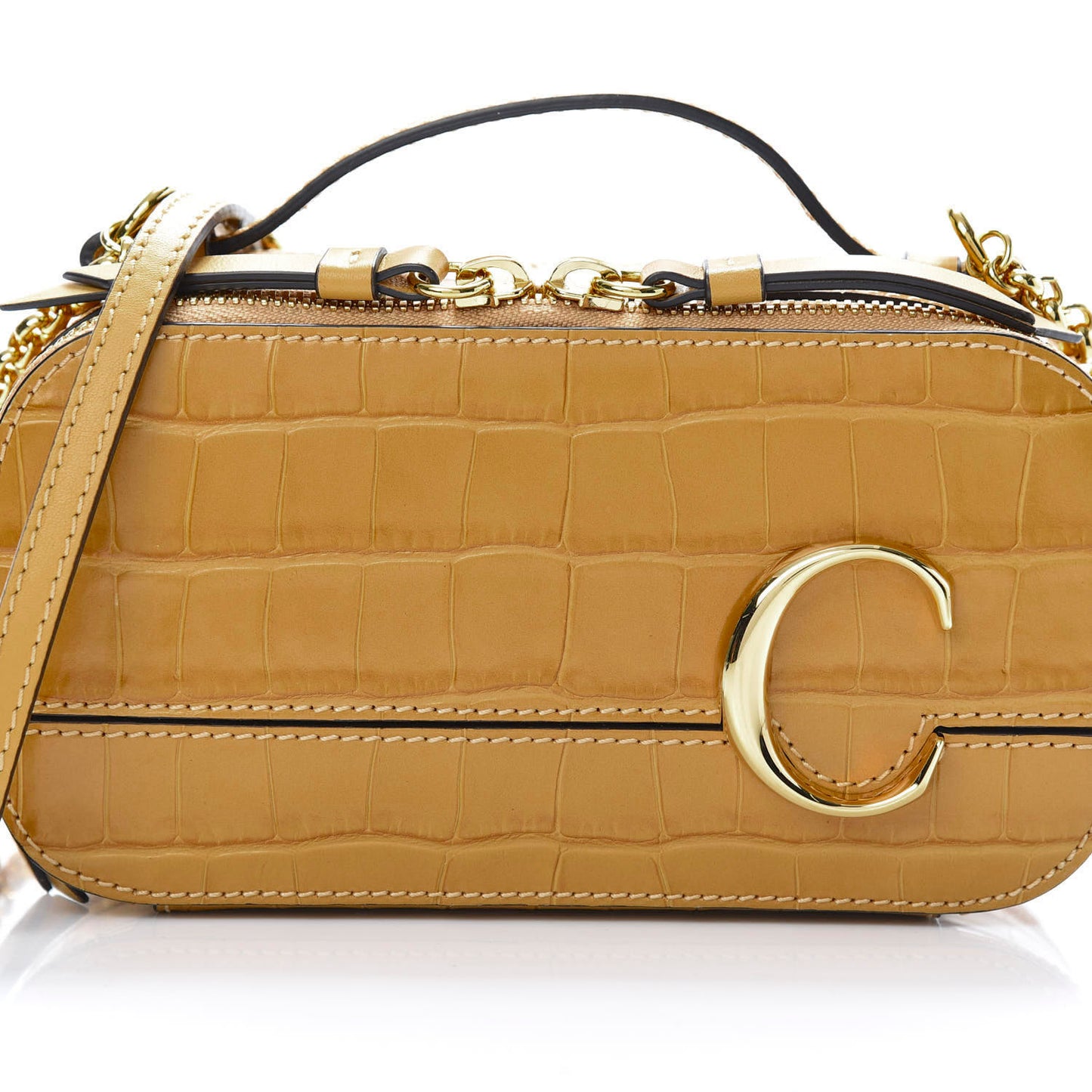 Calfskin Crocodile Embossed Mini C Vanity Bag Honey Gold