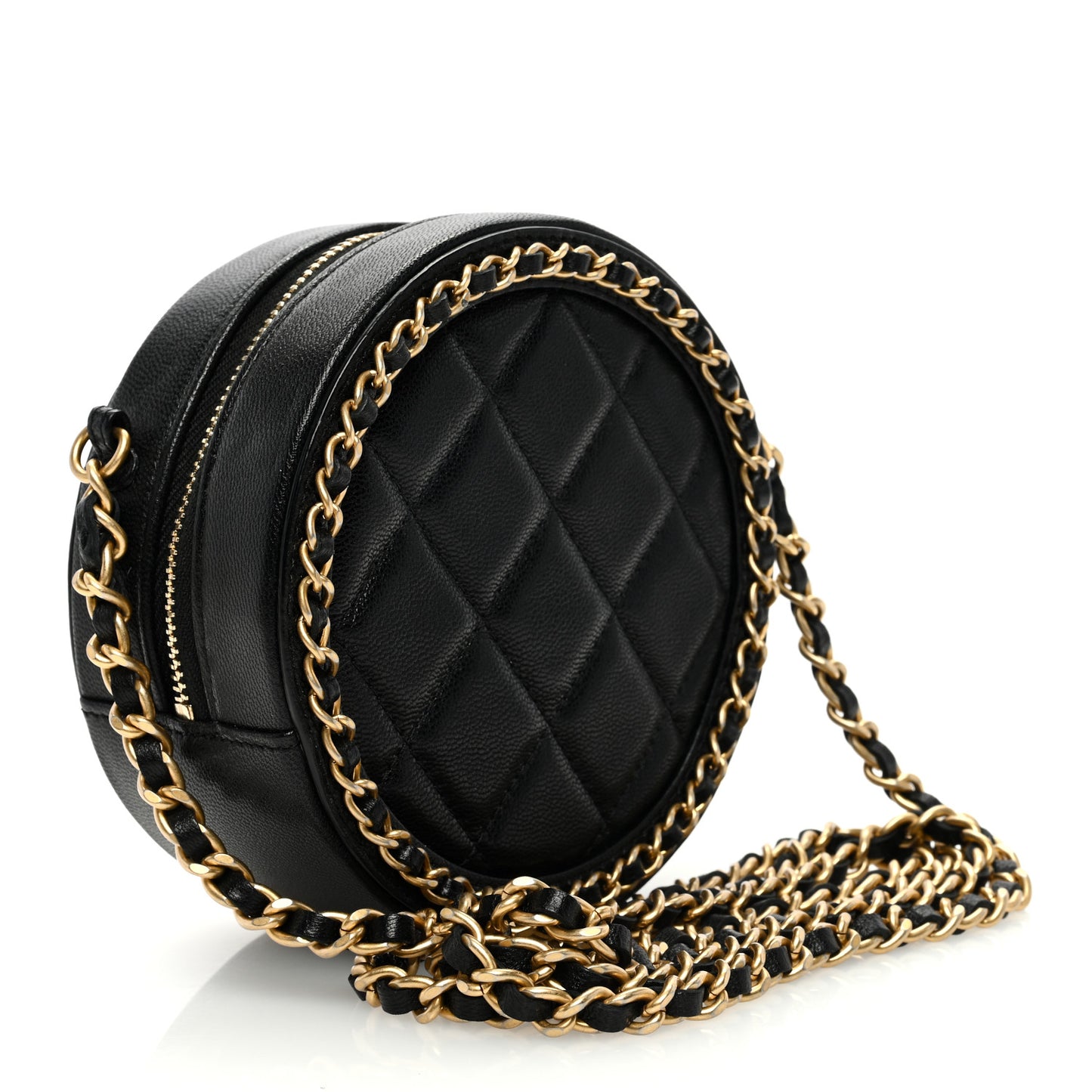 Lambskin Quilted Round Filigree Chain Around Crossbody Black