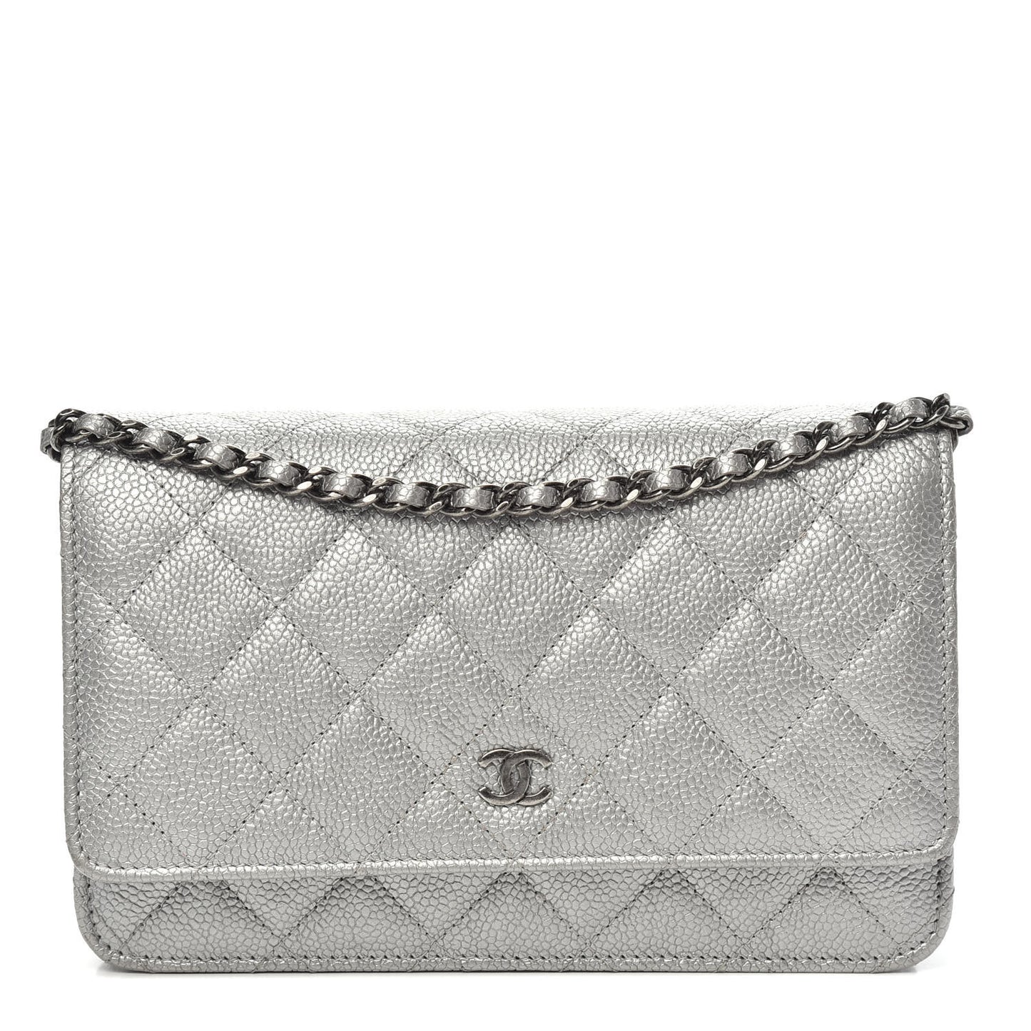Metallic Caviar Quilted Wallet on Chain WOC Silver