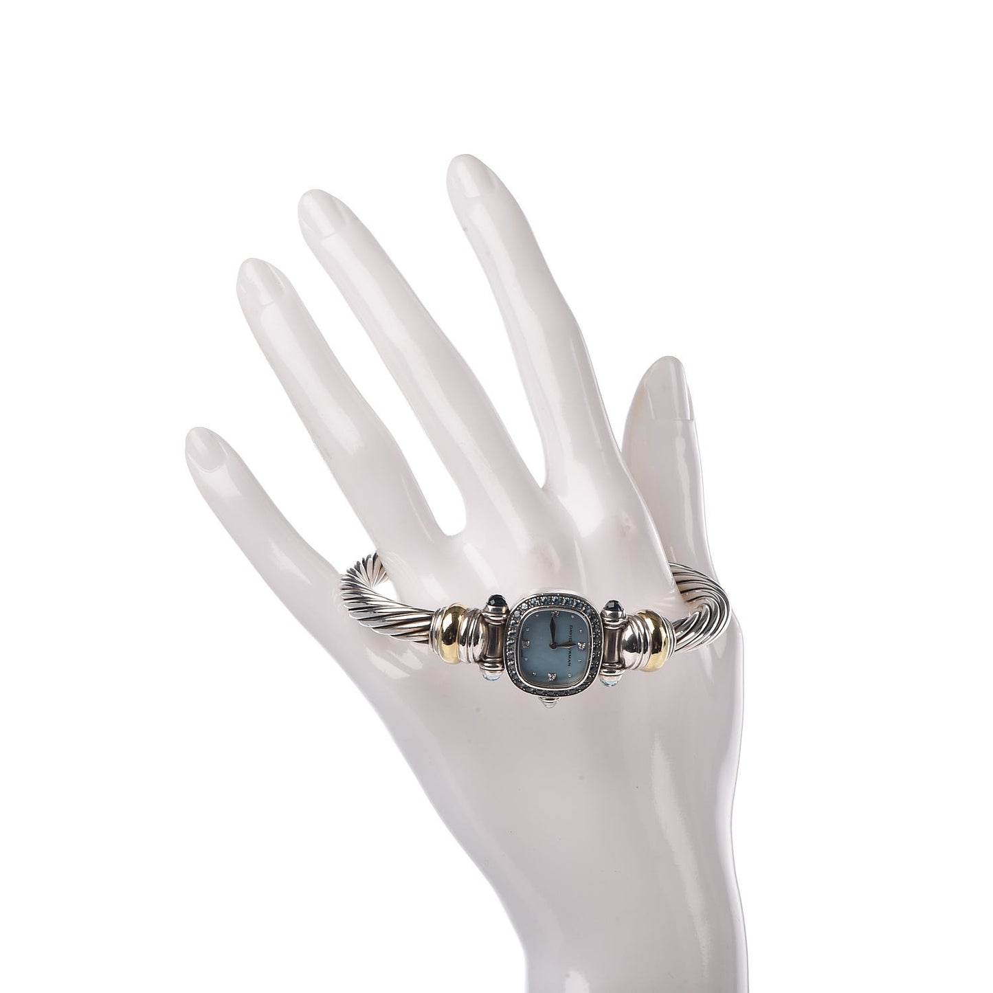 Sterling Silver 18K Yellow Gold Diamond Blue Mother of Pearl Blue Topaz 21mm Classic Cable Quartz Watch